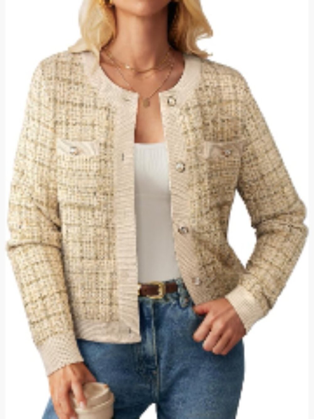 Open Front Button Down Long Sleeve Texture Knit Cardigan with Pockets
